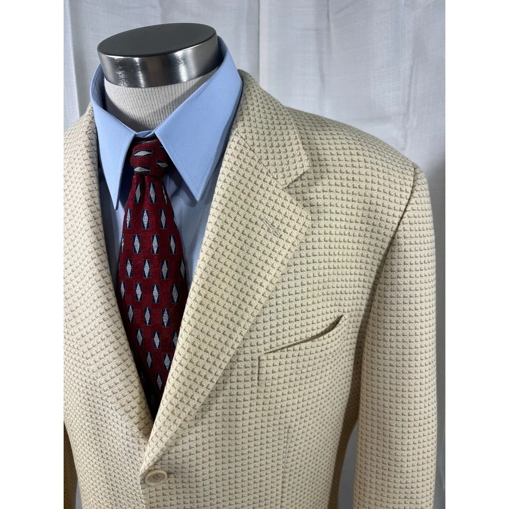 Bachrach Made in Italy Cashmere Wool Blazer Cream Waffle Weave Mens 42L
